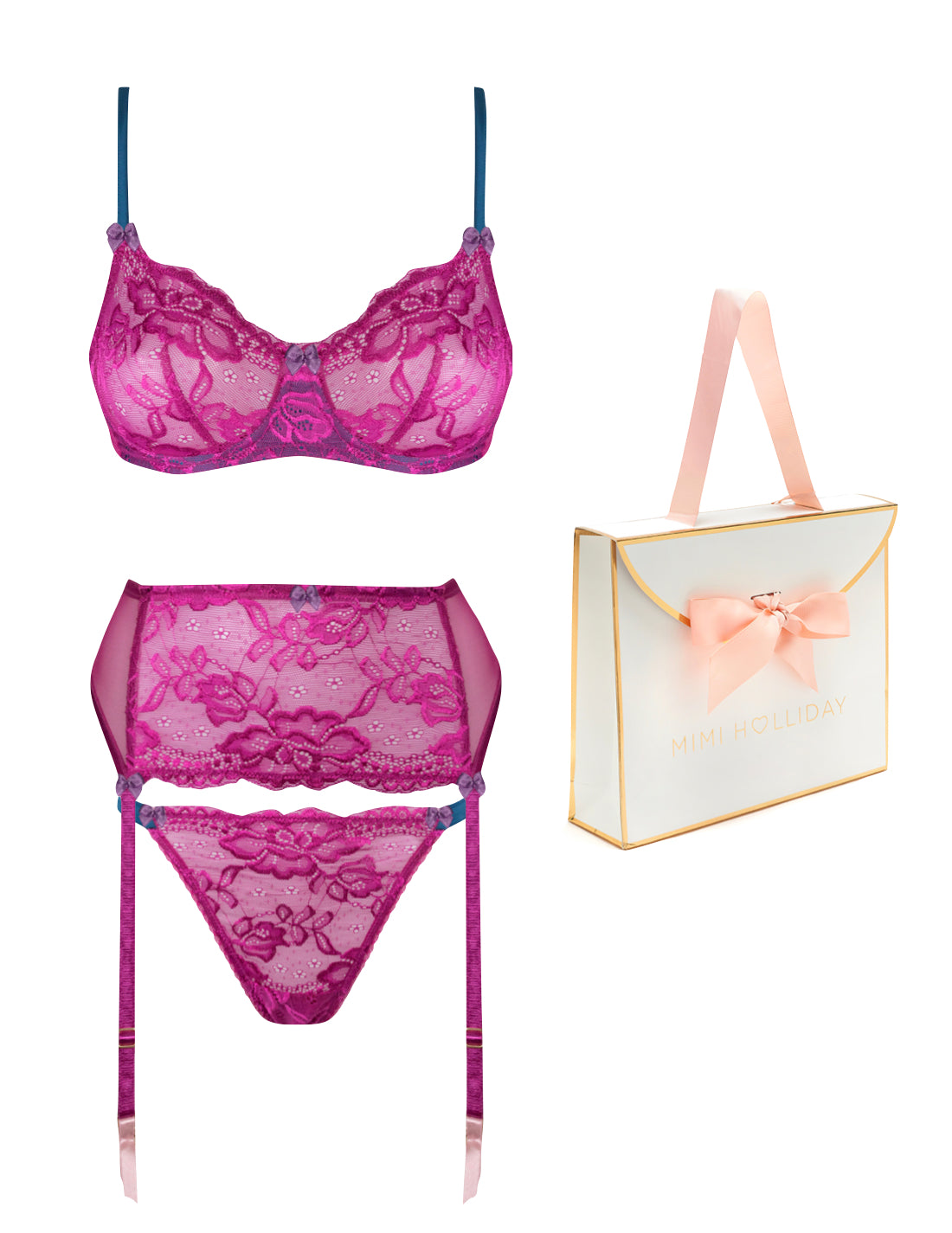 Fuchsia Fever Comfort Bra, Brief, Suspender & Bag Gift Set