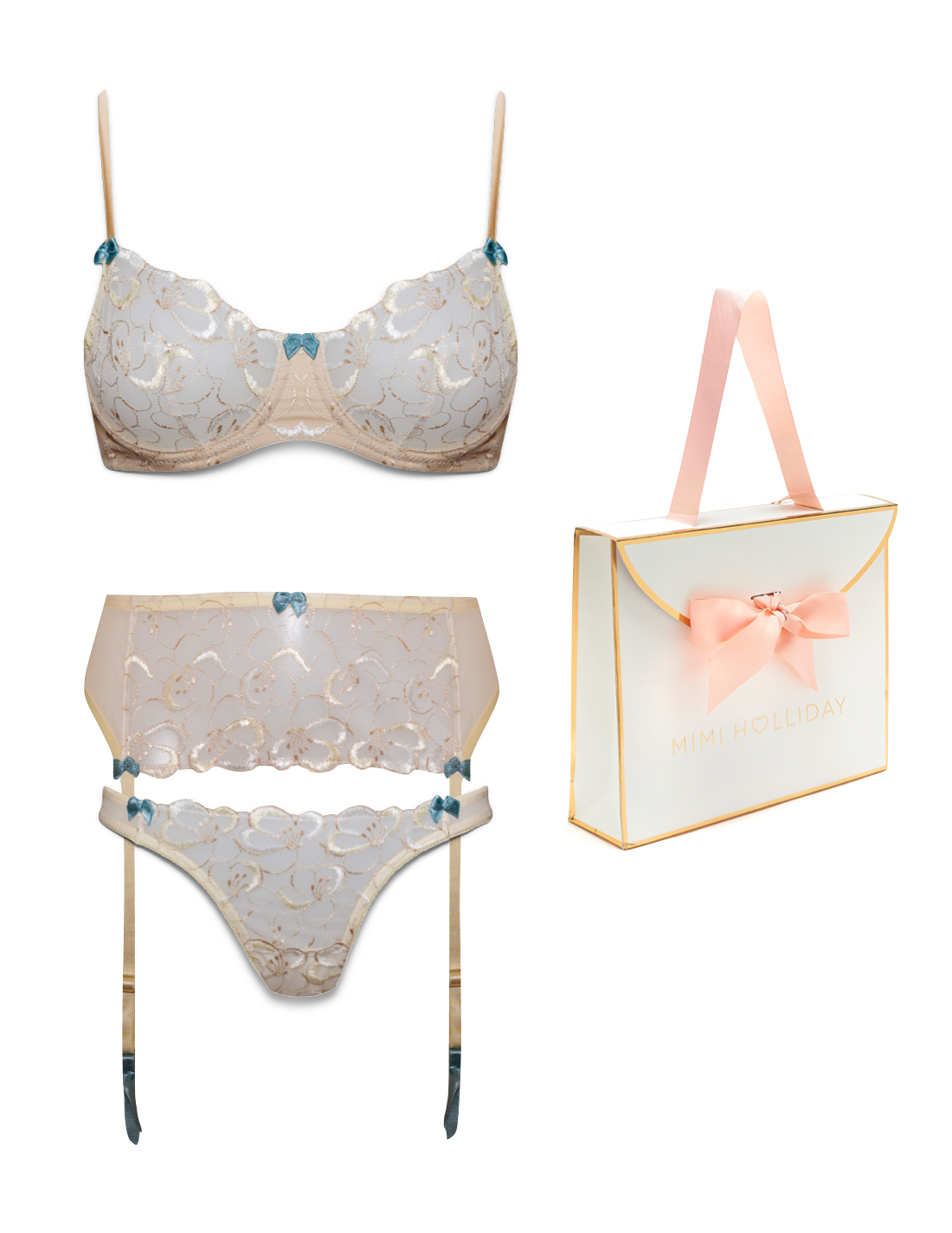 Amour d'Ivoire Comfort Bra, Brief, Suspender & Bag Gift Set