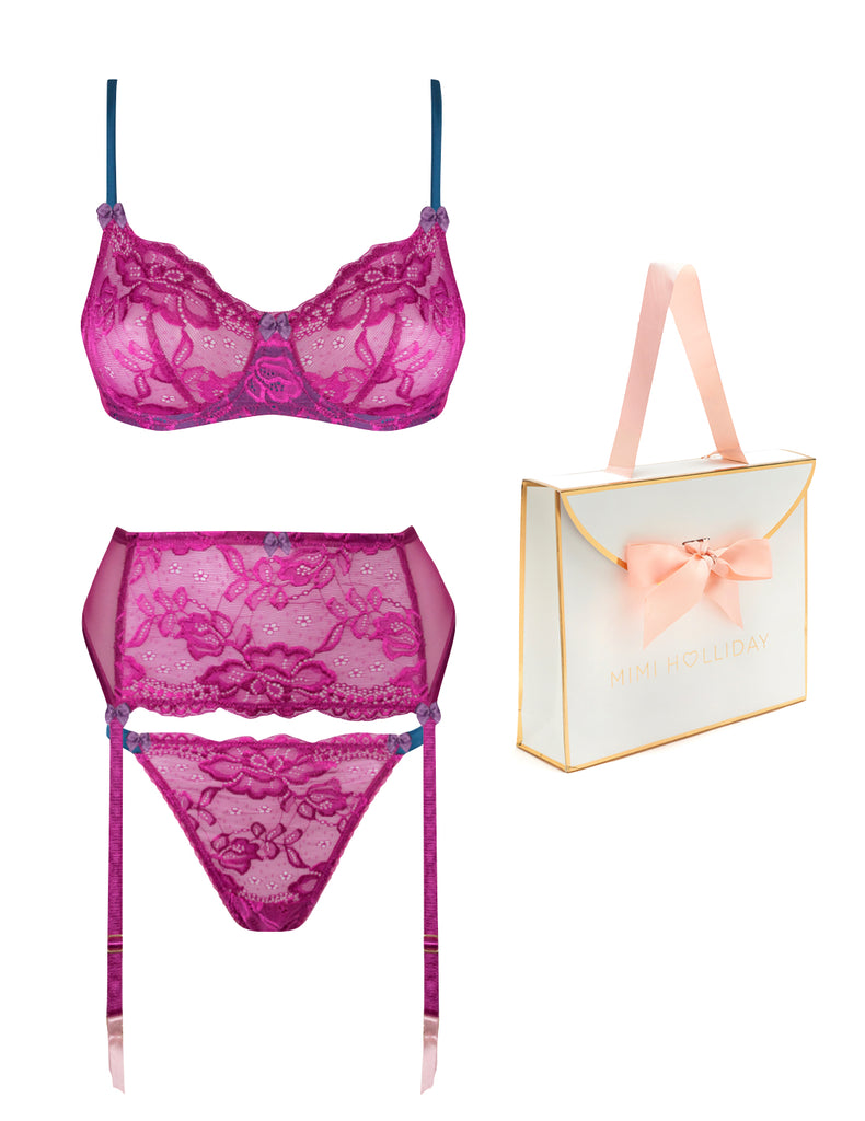 Fuchsia Fever Comfort Bra, Brief, Suspender & Bag Gift Set - Mimi Holliday